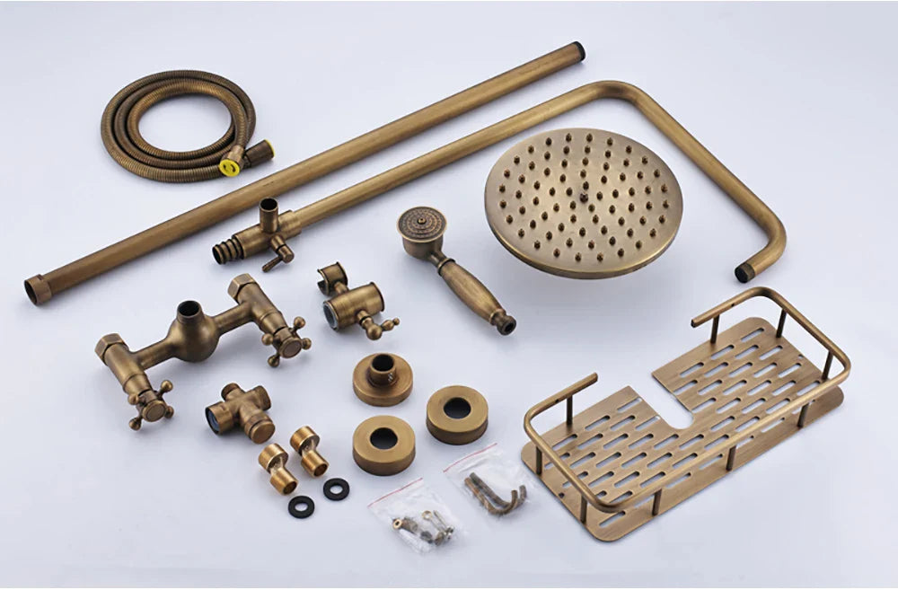 Brass-finished vintage-style shower kit with round rainhead handheld sprayer and matching rack for bathroom use