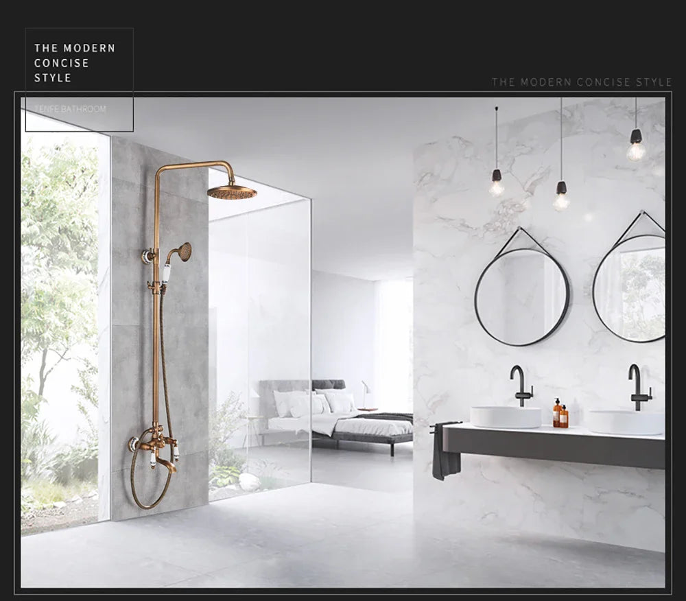 Brass shower fixture with round rainhead and handheld spray in POIQIHY antique swivel spout mixer tap system