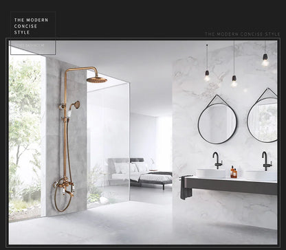 Brass shower fixture with round rainhead and handheld spray in POIQIHY antique swivel spout mixer tap system