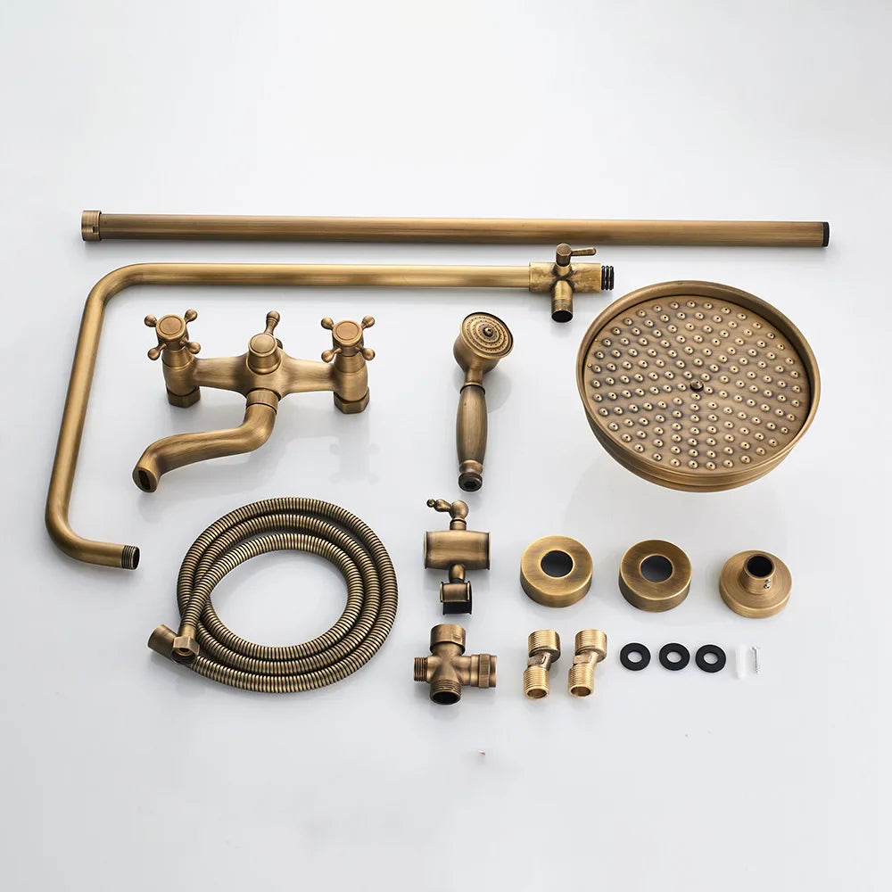 Brass-finished vintage-style bathroom shower faucet set with rainhead, handheld sprayer, and flexible hose by poiqihy