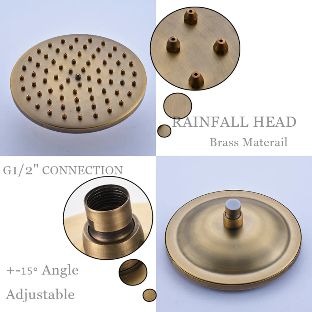 Brass raindrop showerhead with adjustable angle and g1/2’’ connection in poiqihy antique shower set