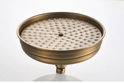 Antique brass-finished shower head with circular nozzles and central mount for POIQIHY rainfall shower system