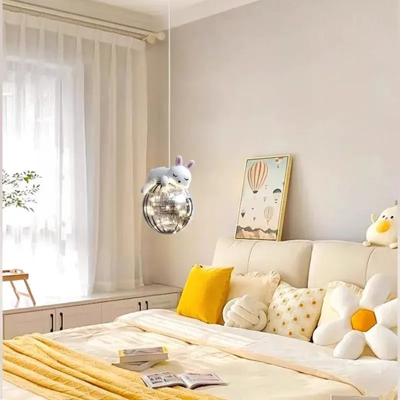 Whimsical polar bear glass animal led chandelier with plush white bunny and disco ball design for children’s room lighting