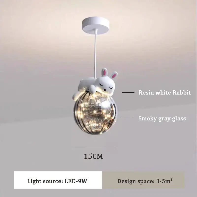 A resin white rabbit on a smoky gray glass animal led chandelier for children’s room pendant lighting