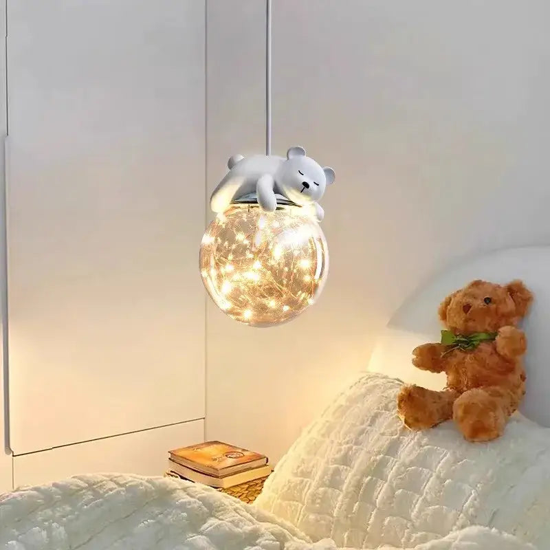 White polar bear glass animal led chandelier with warm fairy lights designed for children’s room pendant lighting