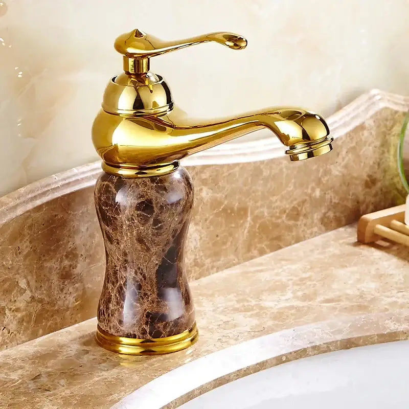 Polished brass and brown golden marble bathroom sink faucet with decorbites golden marble base and polished finish