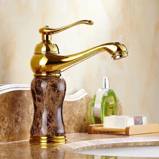 Polished brass bathroom sink faucet with decorbites golden marble base in dark brown for golden marble bathroom decor