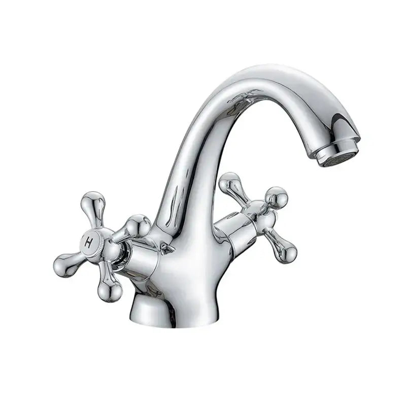 Polished brass dual cross handle bathroom bidet faucet with chrome finish curved spout and ornate cross handle levers