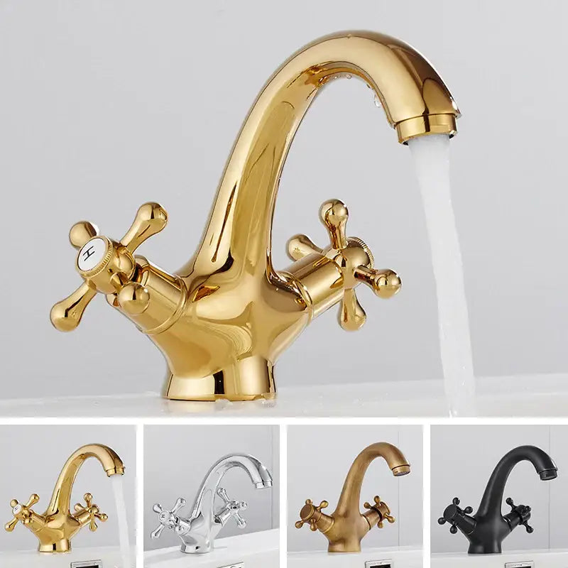 Polished brass bathroom bidet faucet with gold finish and dual cross handle design featuring a curved spout