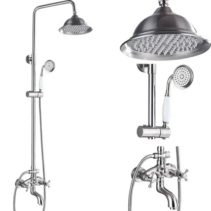 Polished chrome stainless steel shower faucet set with tall overhead rainhead handheld showerhead and cross-handle faucet assembly