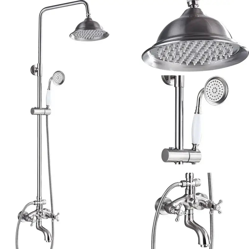 Polished chrome stainless steel shower faucet set with tall overhead rainhead handheld showerhead and cross-handle faucet assembly