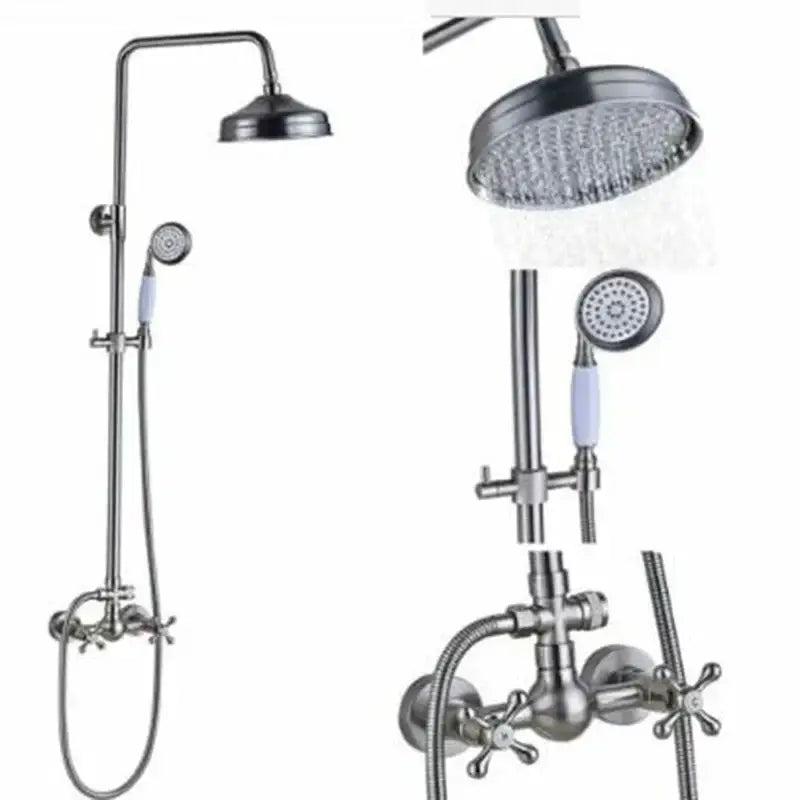 Polished chrome stainless steel shower faucet set with tall rainhead handheld sprayer and light blue ceramic handles