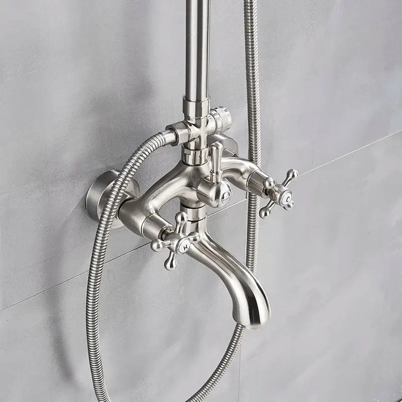 Polished chrome stainless steel shower faucet set with three cross-handle knobs and flexible shower hoses for bathroom use