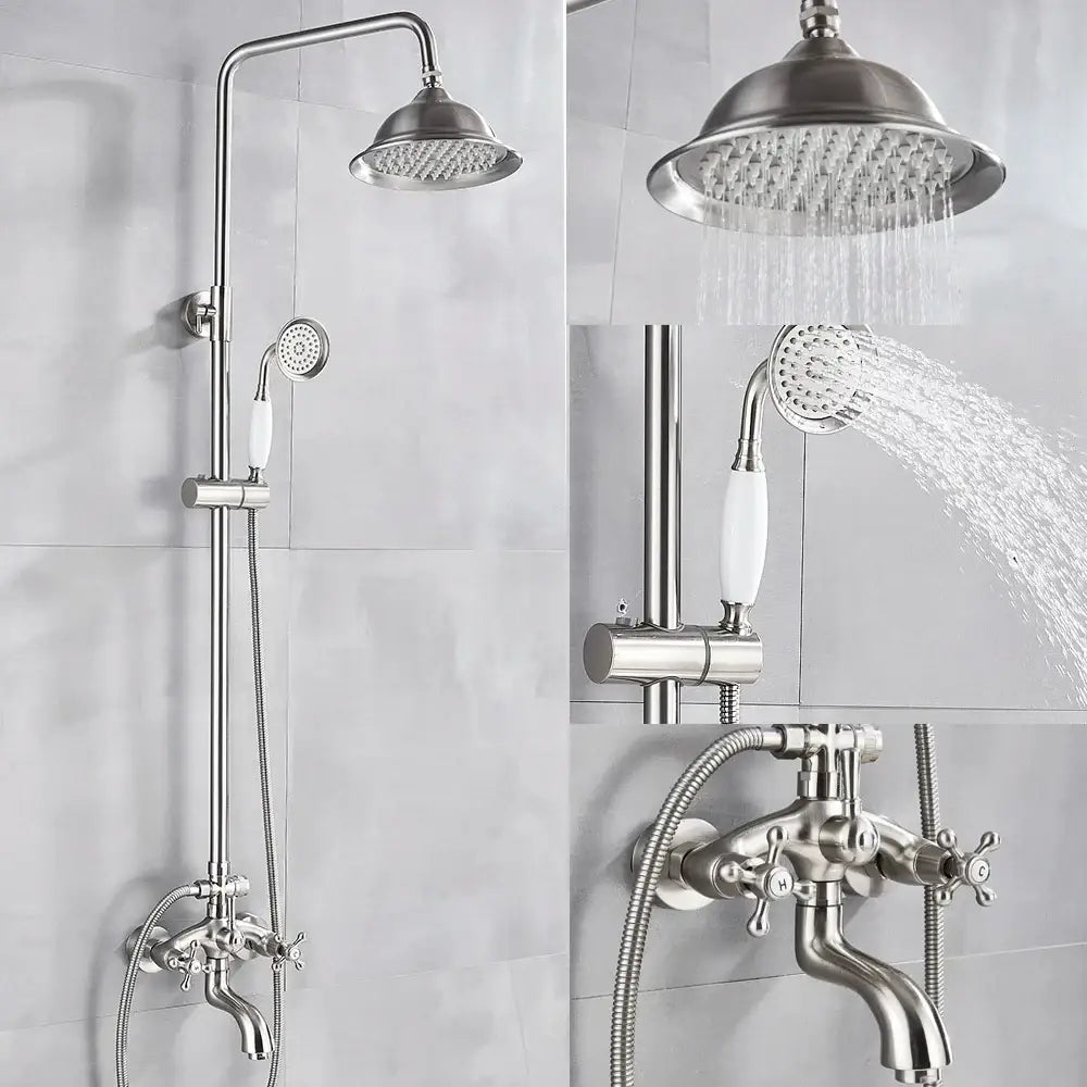Polished chrome shower faucet set with stainless steel rainhead, handheld with white ceramic handle, and vintage cross-handle valve