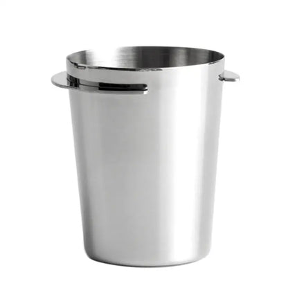 Polished chrome stainless steel espresso dosing cup with shiny cylindrical design and two integrated handles by decorbites
