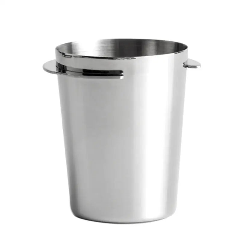 Polished chrome stainless steel espresso dosing cup with shiny cylindrical design and two integrated handles by decorbites