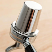 Polished chrome stainless steel espresso dosing cup with shiny chrome-finished cylindrical head tamper for decorbites espresso dosing