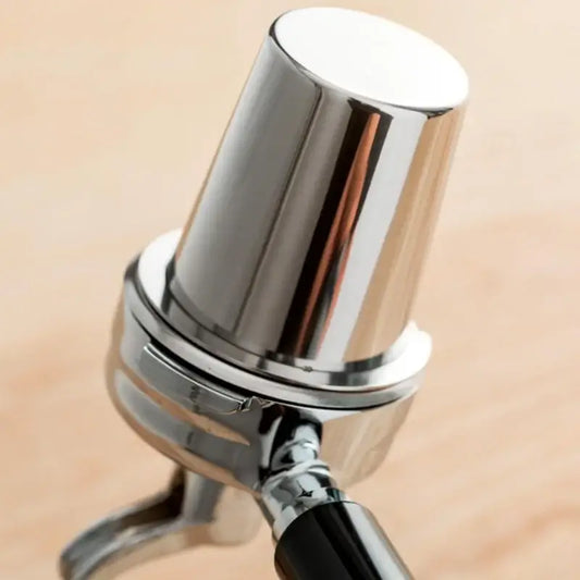 Polished chrome stainless steel espresso dosing cup with shiny chrome-finished cylindrical head tamper for decorbites espresso dosing