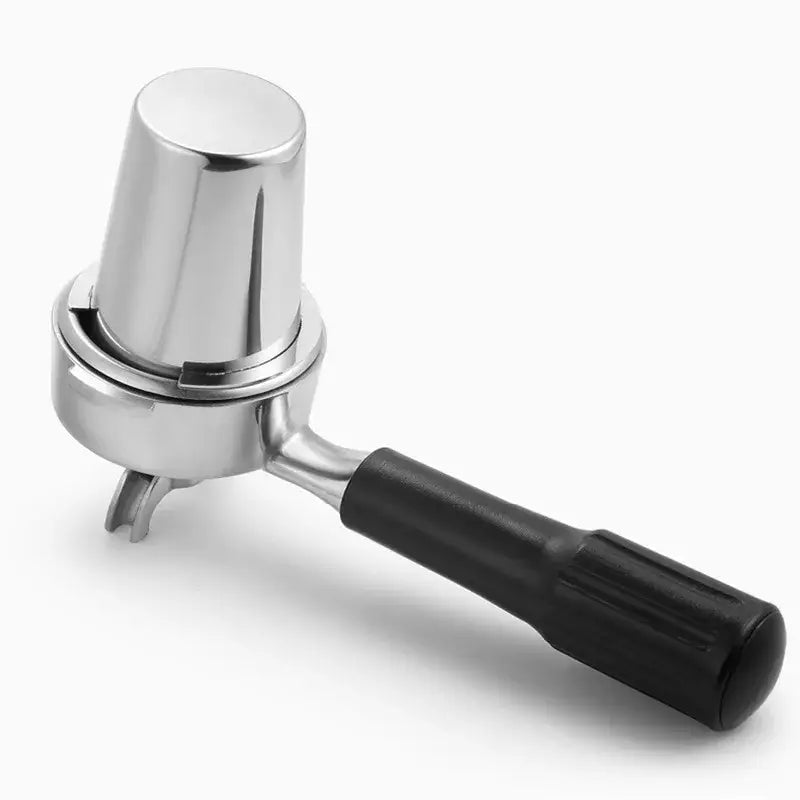 Polished chrome stainless steel espresso dosing cup with silver metal portafilter and black textured handle for dosing