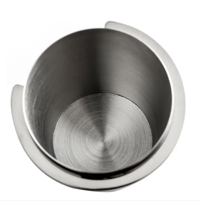 Stainless steel espresso dosing cup with polished chrome finish and side handles for accurate coffee dosing decorbites dosing cup