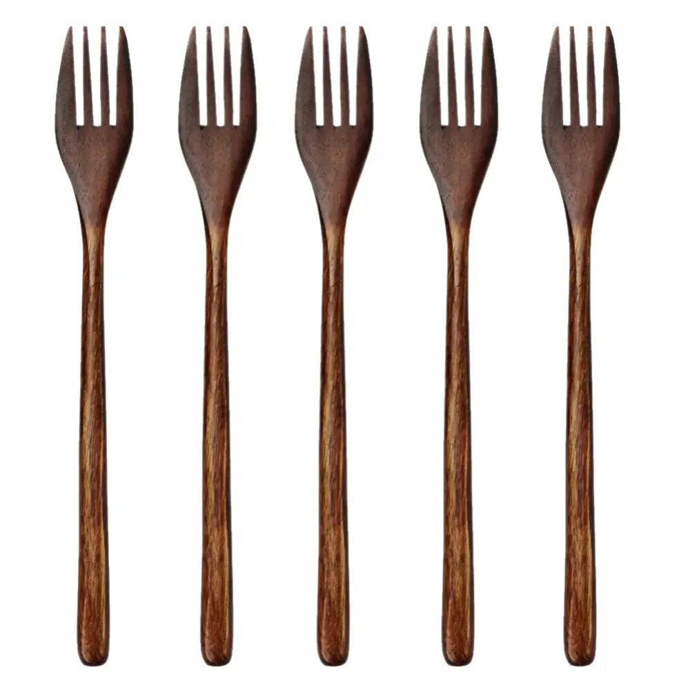 Set of five polished dark brown wooden forks with natural wood grain finish for dining with wooden spoon soup sets
