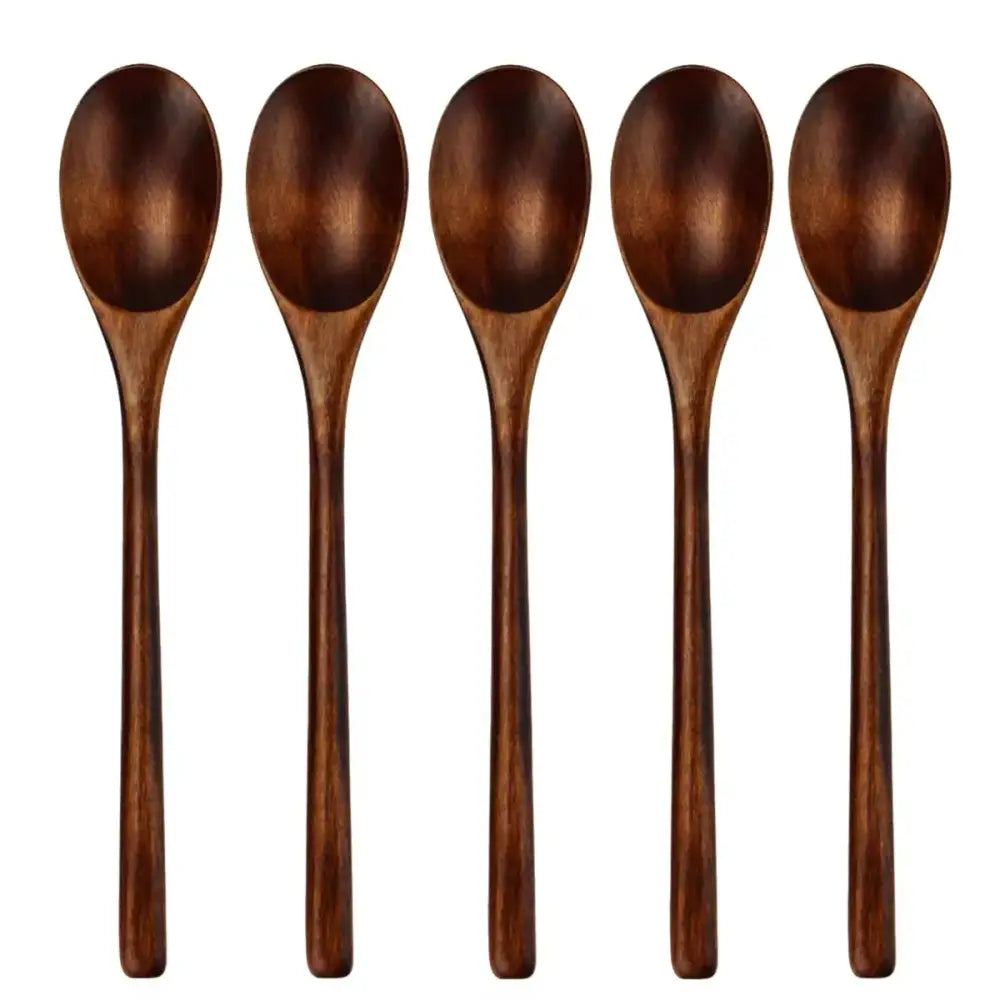 Set of five polished dark brown wooden spoons with natural grain, ideal for wooden spoon soup and dining use
