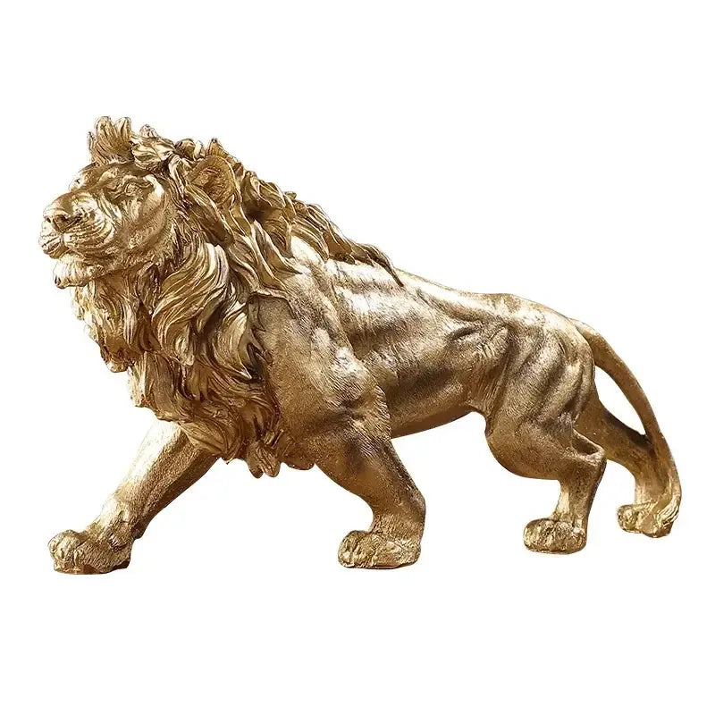 Polished golden lion king resin statue with detailed mane and muscular physique for elegant home office decorbites decor