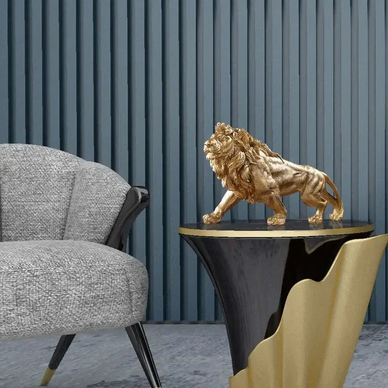 Polished golden lion king resin statue with detailed mane and muscular build made of metallic material for home decorbites decor