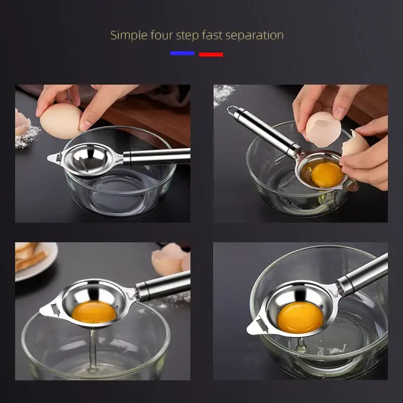 Polished stainless steel egg white separator with sleek finish and ergonomic handle for efficient yolk filtering