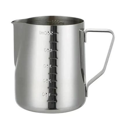 Polished stainless steel frothing cup 550ml with engraved measurement markings for decorbites frothing cup use