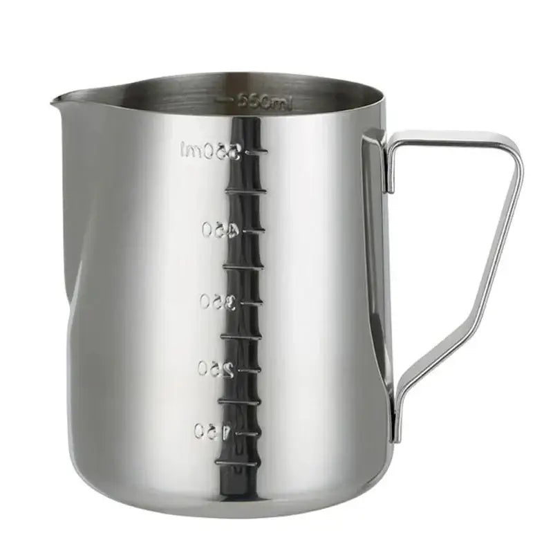 Polished stainless steel frothing cup 550ml with engraved measurement markings for decorbites frothing cup use