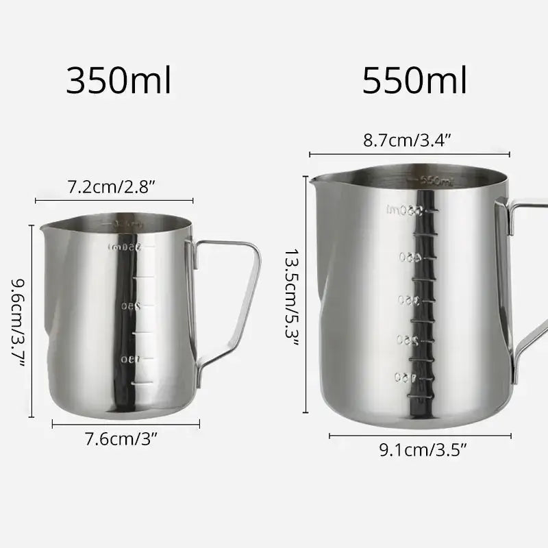 Polished stainless steel frothing cup set by decorbites includes 350ml and 550ml pitchers with measurement markings