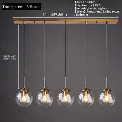 Modern brass-finished pendant light fixture with five transparent glass globes for dining room polished steel pendant light