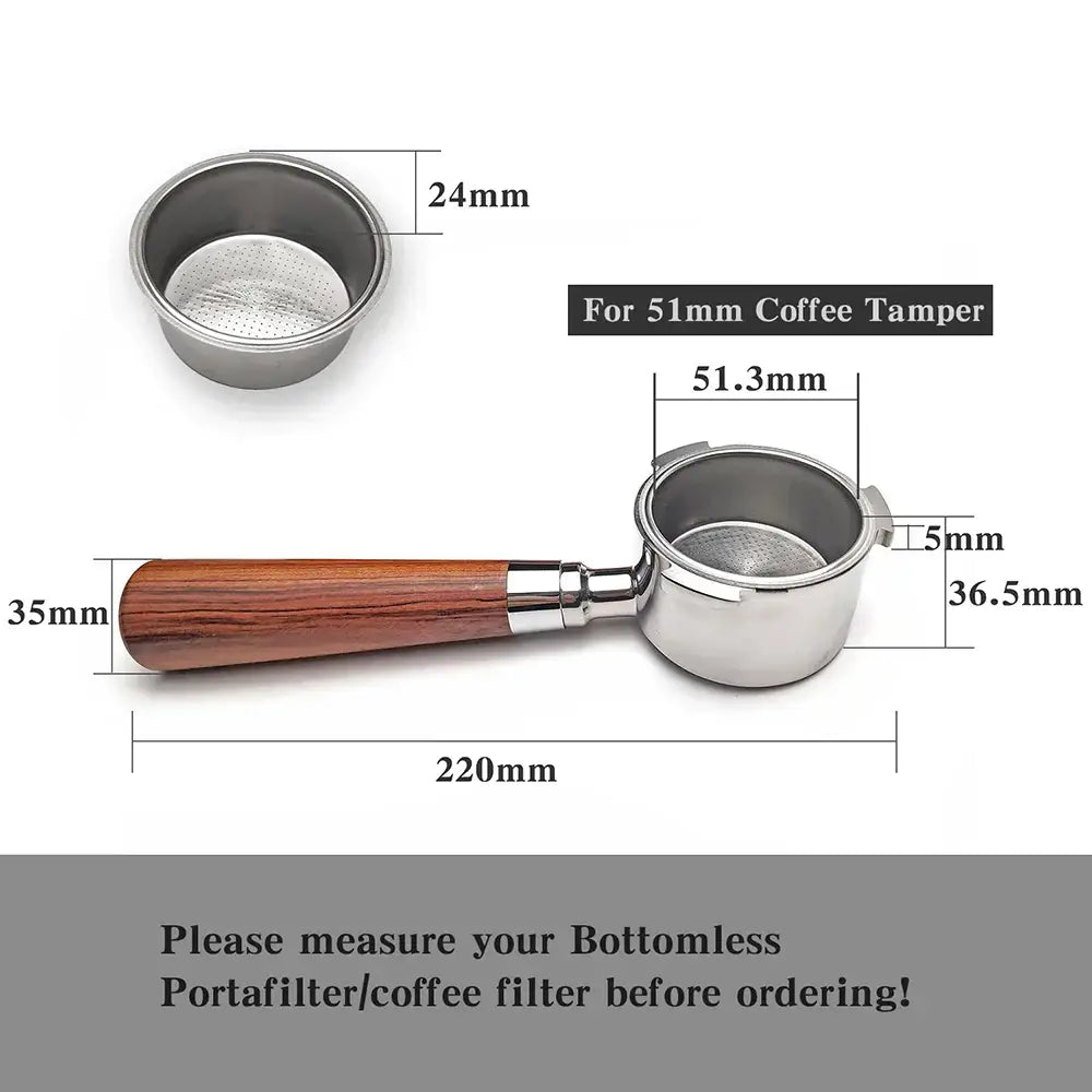 Polished wood and stainless steel coffee bottomless portafilter with dark wood portafilter handle by decorbites