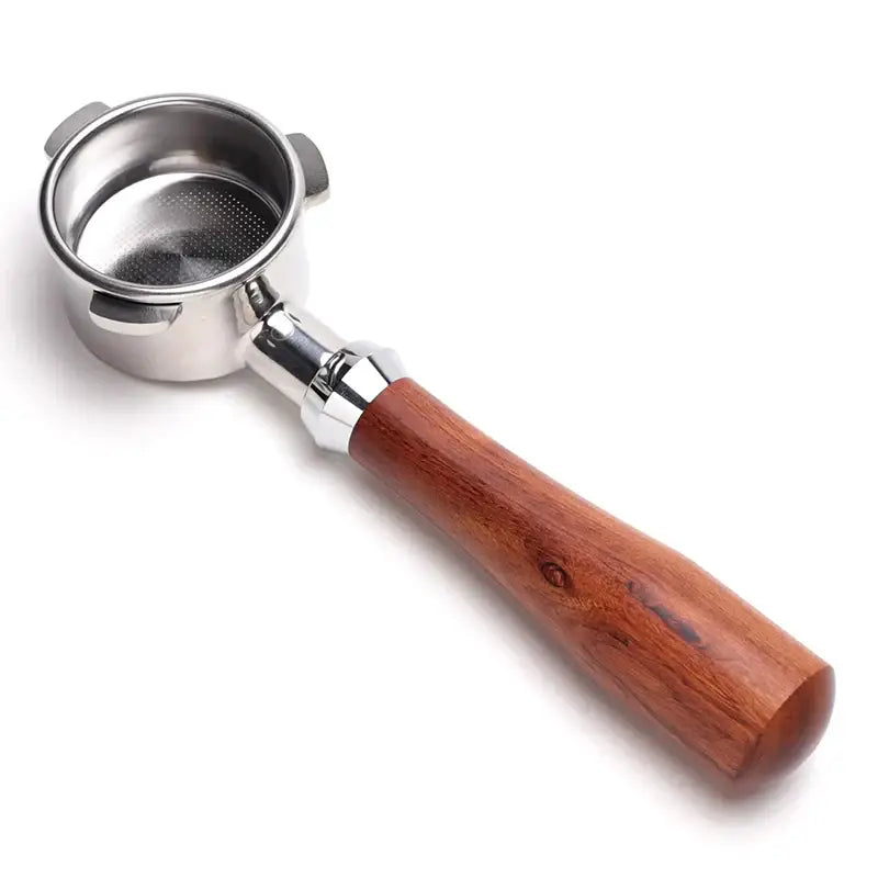 Polished wood and stainless steel coffee bottomless portafilter with perforated filter and wooden portafilter handle