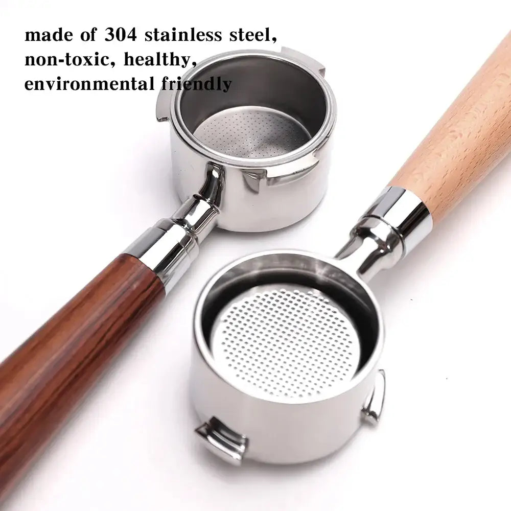 Two coffee bottomless portafilters with polished stainless steel bodies and dark and light wood portafilter handles