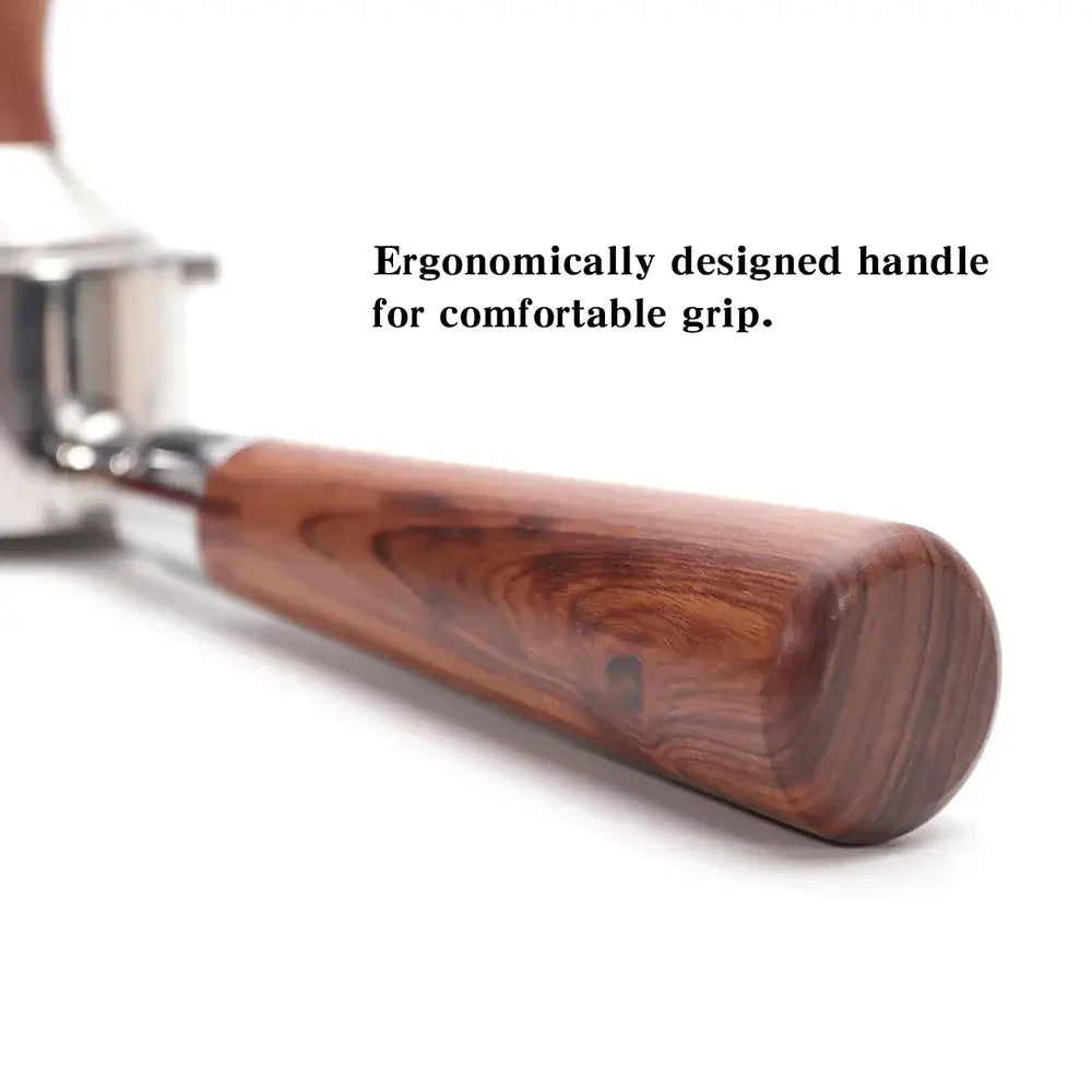 Wooden-handled coffee bottomless portafilter with polished wood and stainless steel decorbites coffee bottomless design