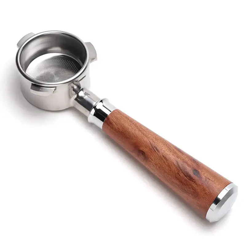 A sleek coffee bottomless portafilter with a polished stainless steel basket and warm-toned wooden portafilter handle