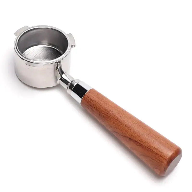 A sleek stainless steel coffee bottomless portafilter with a polished wood portafilter handle for decorbites coffee