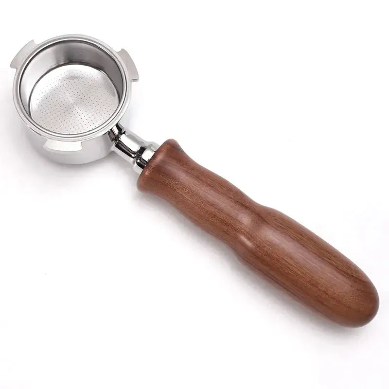 Polished wood and stainless steel decorbites coffee bottomless portafilter with a wooden portafilter handle and filter basket