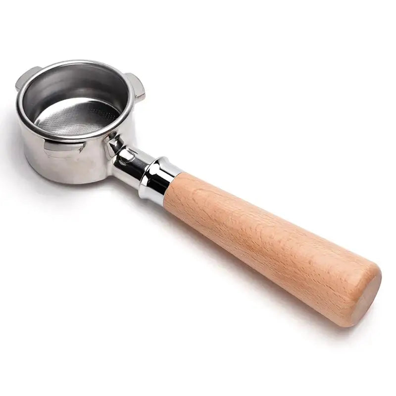 A sleek stainless steel coffee bottomless portafilter with a polished wood portafilter handle by decorbites