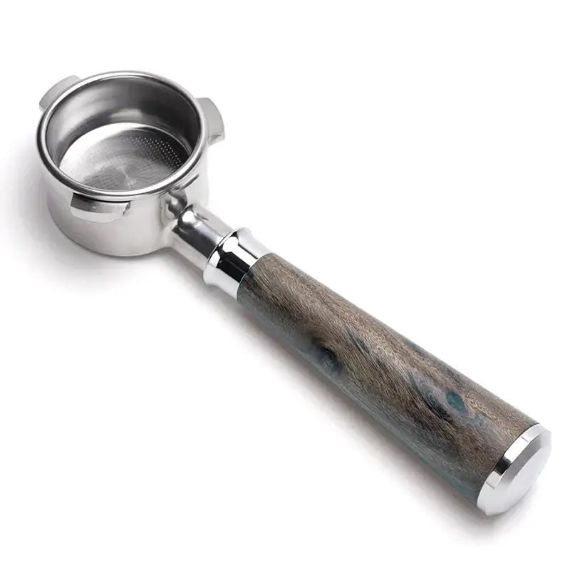A polished wood and stainless steel coffee bottomless portafilter with a natural grain portafilter handle