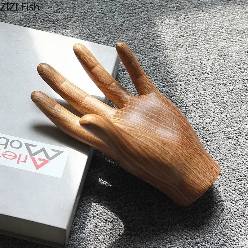 Polished light brown wood grain hand palm sculpture decorative object for living room display