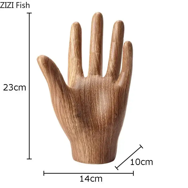 Polished wood grain hand palm sculpture with smooth sculpted fingers made of natural wood for living room decor