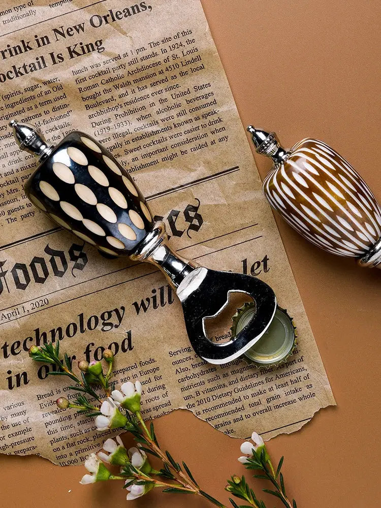 Black and white polka dot ceramic beer bottle opener with silver metal cap enhances drinking experience