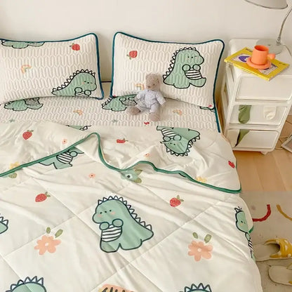 Cute light green dinosaur-themed cool comforter set with strawberry and flower patterns on white background