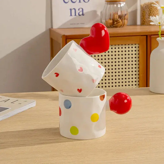 White ceramic mugs with colorful polka dots and red decorbites heart design ceramic handles set for kitchen use