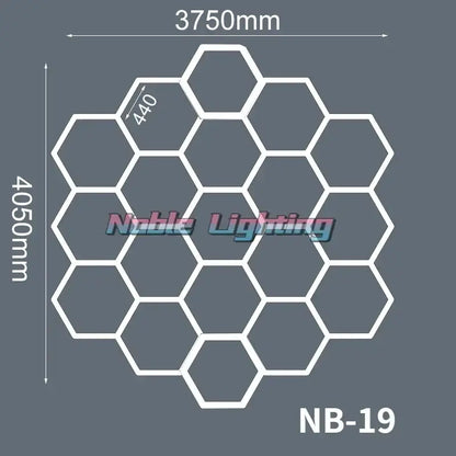 White hexagonal polygonal snowflake geometric led lights model nb-19 by noble lighting for garage workshop decorbites geometric led