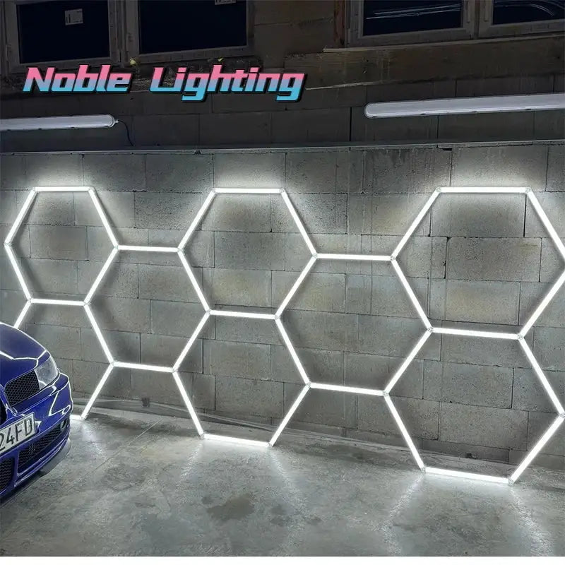 White led hexagonal decorbites geometric led lights mounted on concrete wall for garage workshop decor