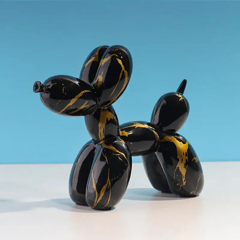 Black balloon dog sculpture with gold marble veining for pop art floral balloon dog living room decor